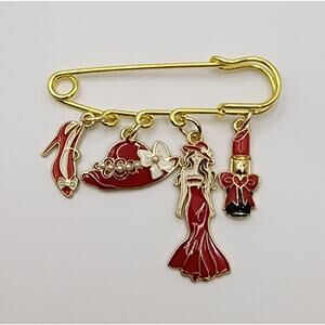Retro Fashion Safety Pin Brooch Bright Red Enamel Heels Hat Lipstick Lady